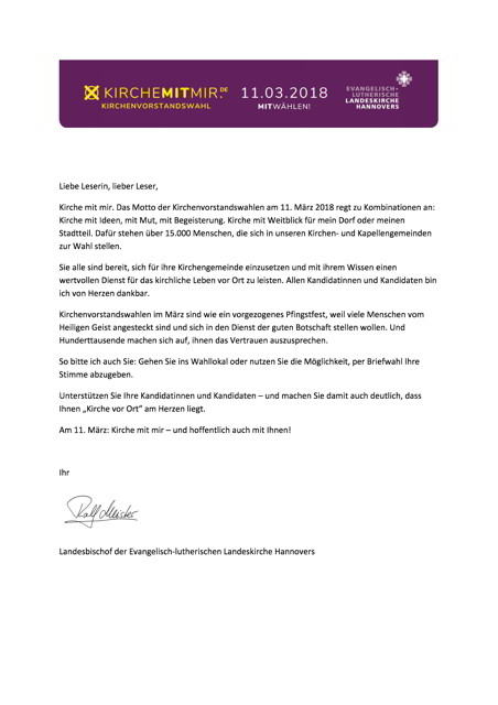 Brief von Landesbischof Ralf Meister an die Gemeinden zur KV-Wahl 2018