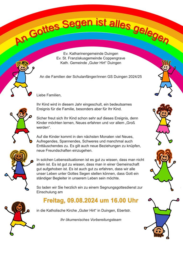 Einladung zum ökumenischen Segnungsgottesdienst für die Schulanfänger