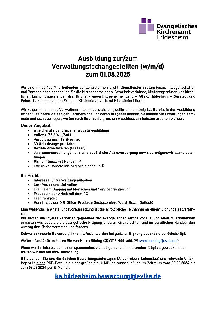 Ausbildung zur/zum Verwaltungsfachangestellten (w/m/d) zum 01.08.2025